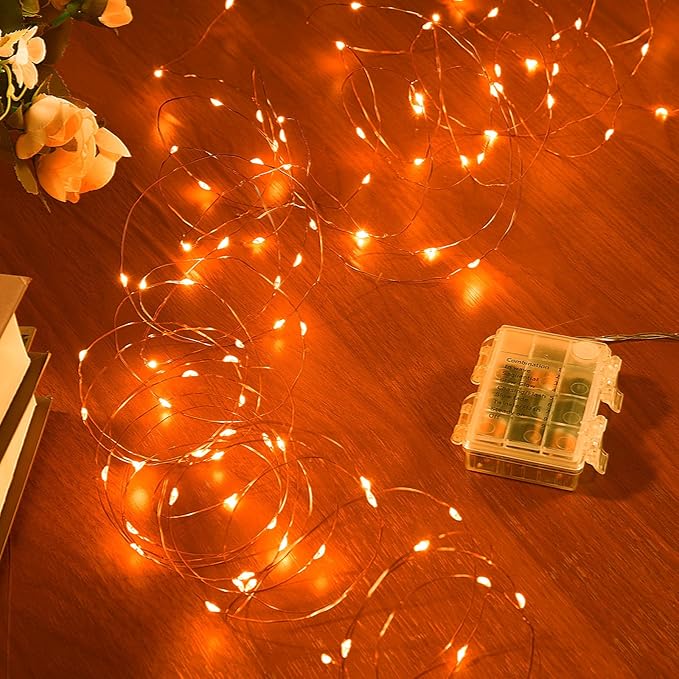 2 Pack 65.6 Ft. Battery Operated Outdoor String Lights with Remote & Timer, LED Orange Fairy Lights, Waterproof Twinkle Lights for Bedroom, Dorm, Mason Jar, Wedding, Party, Christmas