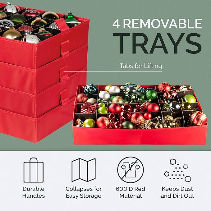 Christmas Ornament Storage Container,Box Stores Up to 96, Adjustable Dividers, Large Organizer Bin to Protect and Store Holiday Décor