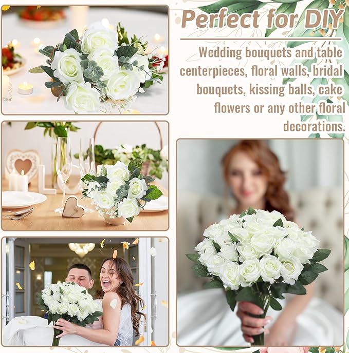 36 Pcs Silk White Rose Bouquet Bridal Artificial Flowers,Fake Rose Long Stem Realistic Artificial Flowers Bulk for Wedding Bouquet Ball Arrangement Centerpiece Party Decor