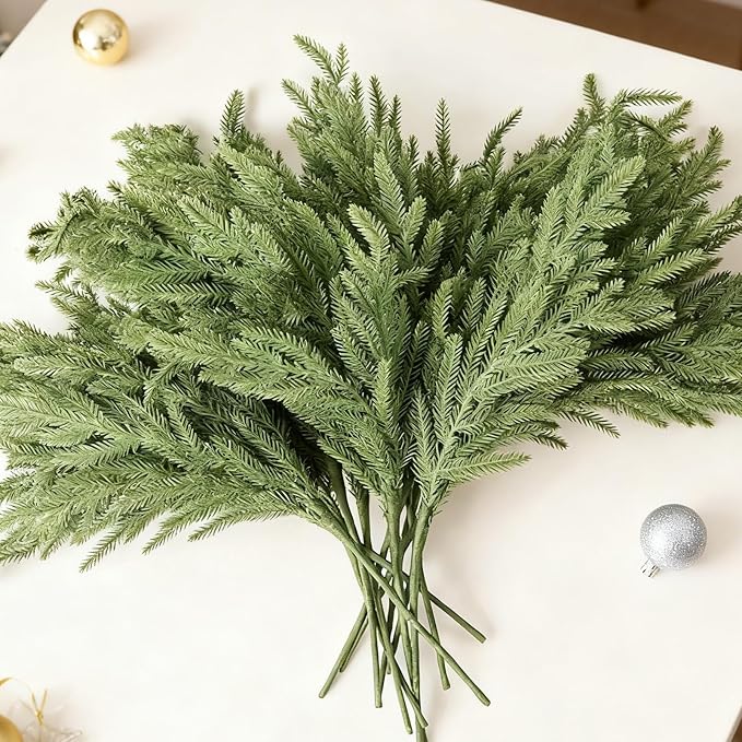 DN DECONATION Artificial Christmas Norfolk Pine Stems, Faux Pine Branches 22.4" 12PCS - Real Touch PE Greenery Fake Pine Needles for Vase Arrangements, Winter, Holiday Indoor Outdoor Home Decor