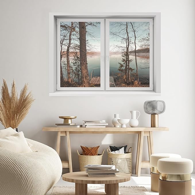 SIGNWIN Removable Wall Sticker/Wall Mural Window Tranquil Water Scene with Wooden Dock Photography Realism Decorative Landscape Digital Art for Living Room, Bedroom, Office - 24"x32"