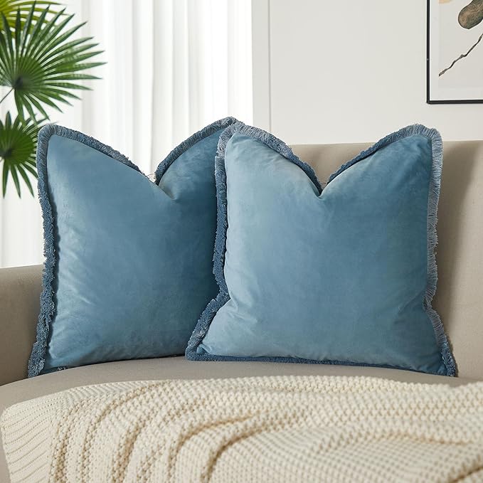 JUSPURBET Aqua Decorative Velvet Fringe Throw Pillow Covers 18x18 Set of 2 Boho Soft Cushion Case for Home Decor Living Room Couch Sofa Bed
