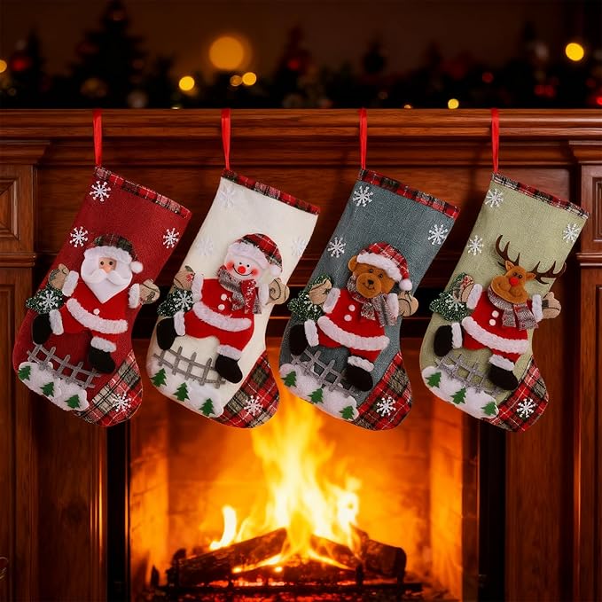 Christmas Stockings Personalized 4 Pack - Customized Small Xmas Stockings Bulk with Reindeer, Santa Claus, Snowman, Bear for Christmas Home Decorations, Set of 4