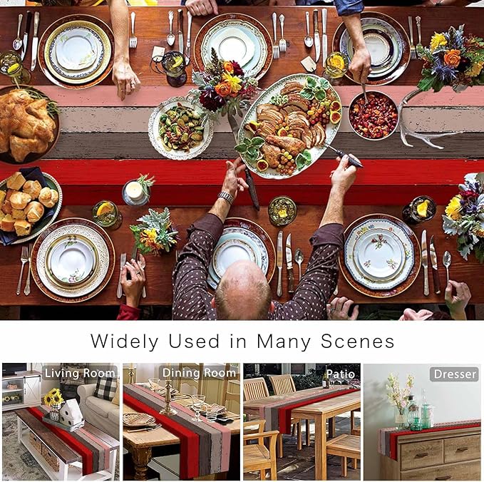 Farmhouse Cotton Linen Table Runner Dresser Scarf Retro Rustic Barn Wood Texture Ombre Christmas Red Brown Non-Slip Rectangle Settings Decoration for Kitchen Home Dining Holiday, 18x72 inch