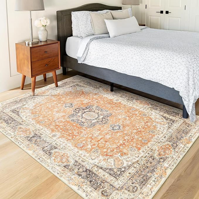 Boho Rug 3x5,Washable Area Rugs for Bedroom Living Room Kitchen Entryway,Small Vintage Bohemian Farmhouse Distressed Non Slip Carpet,Retro Orange Grey Floral