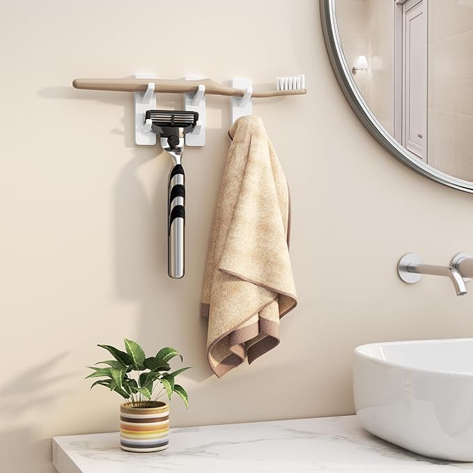 Self Adhesive Wall Hooks for Hanging, 13LB Heavy Duty Stick On Hooks for Coats and Towels, Bathroom Door Towel Hooks, White, 6 Pack
