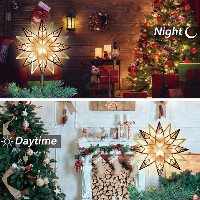 LAMPHOME 12" 10L Christmas Snowflake Tree Topper (Gold), Christmas Star Tree Light, Warm White
