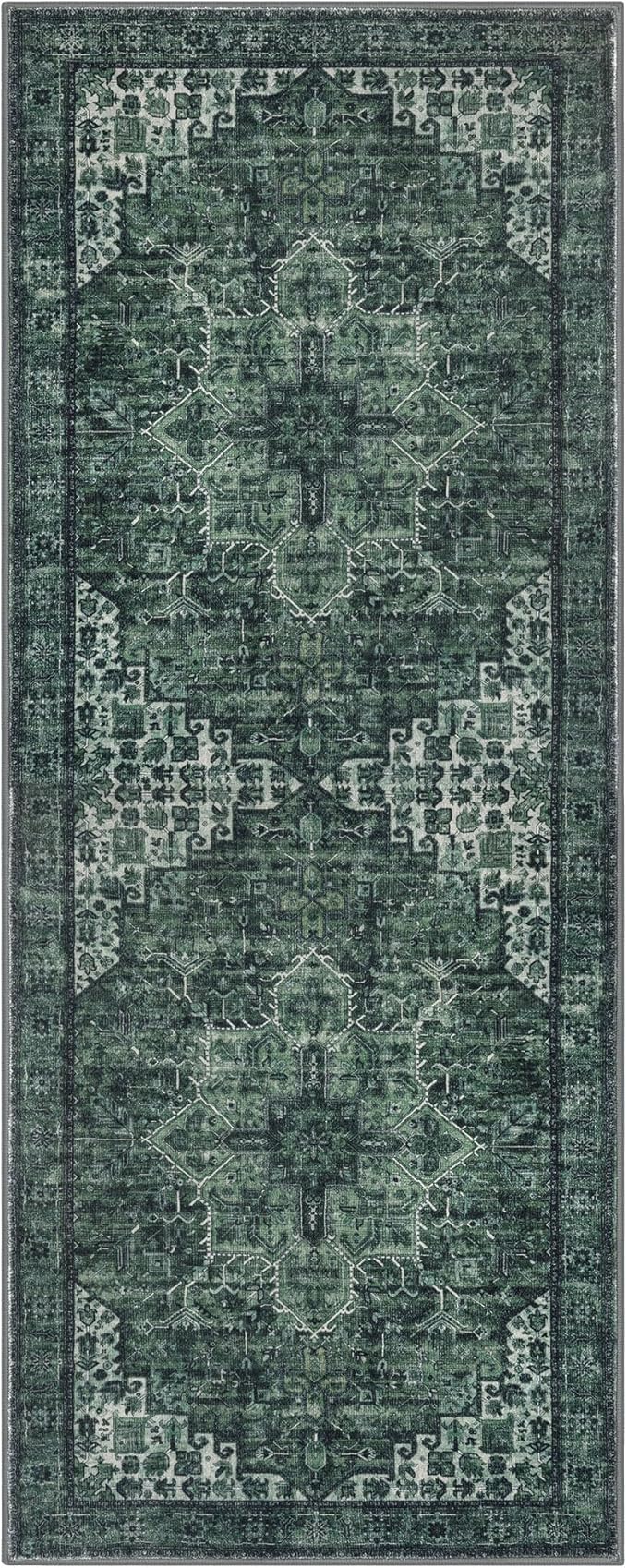 2x5 Runner Rug for Hallways, Dark Green Non-Slip Printed Washable Kitchen Runners, Vintage Boho Rugs with Non-Shedding, Soft Medallion Floor Carpet for Laundry Bedroom Entryway