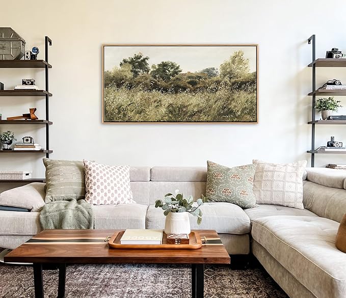 BLINFEIRU Framed Wall Art for Living Room, Vintage Oats Field Landscape Painting Prints, Nature Country Scenery Artwork, Retro Farmhouse Grassland Picture, Home Bedroom Office Wall Decor 20"x40"