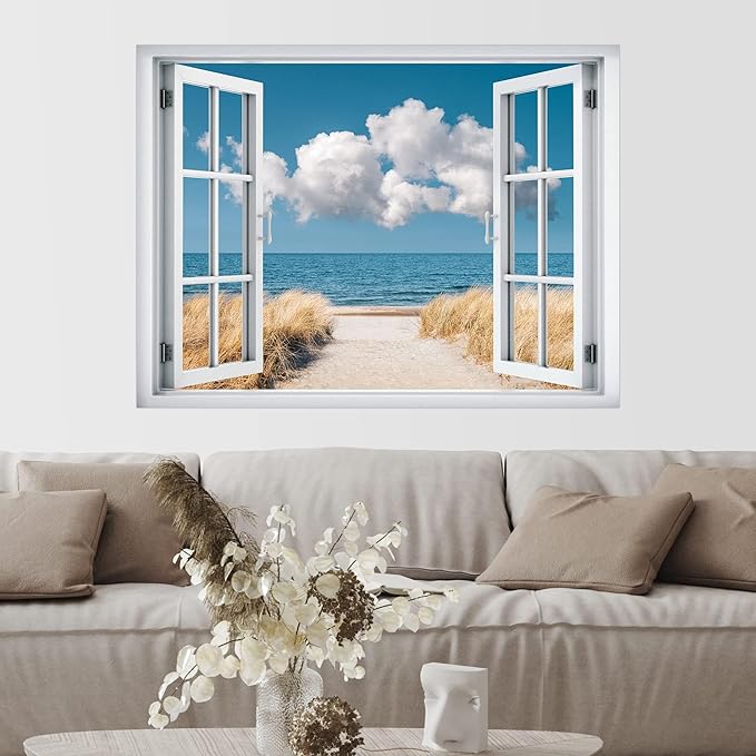 SIGNWIN Removable Wall Sticker/Wall Mural Window View Clouds Beachgrass Ocean Shore Nature Wilderness Photography Decorative Landscape Digital Art for Living Room, Bedroom, Office - 24"x32"
