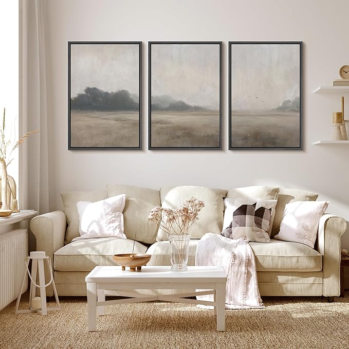 MUDECOR Framed Wall Art Print Set Serene MeadowTranquil Landscape with Foggy Fields and Distant Trees Illustrations Realism Decorative for Living Room, Bedroom, Office - 16"x24"x3 Black