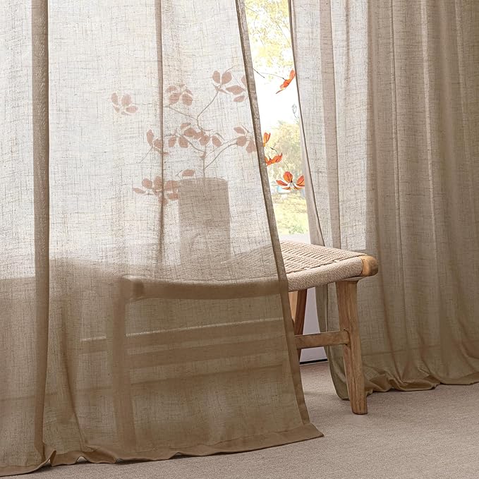 ANRODUO Taupe Semi Sheer Linen Curatins 96 inches Long Back Tab Light Filtering Flax Linen Textured Curtains Modern Farmhouse Coastal Decor for Bedroom Living Room 96 inch Length 2 Panels Set