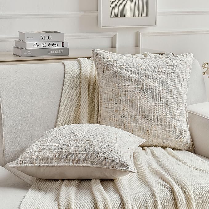 FUTEI Cream Decorative Throw Pillow Covers 26x26 Inch Set of 2,Soft Chenille Tweed Textured Euro Pillow Shams,Modern Home Decor for Couch Bed Living Room