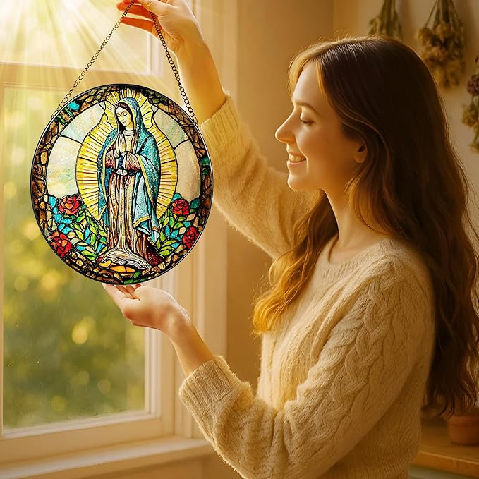 8 Inch Our Lady of Guadalupe Stained Glass Suncatcher, Stained Glass Window Hanging, Mexican Mom Window Hanging, Latin Mom Gift, Gifts for Mother's Day, Religious Gift, Gifts for Christian