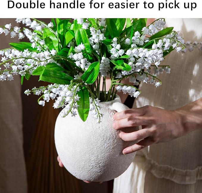 White Ceramic Vase - Short Vases with Hadle - 6 Inch Small Christmas Rustic Decorative Vase Flower, Vintage Terracotta Vase for Home Decor Living Room Shelf Decor Table, Lyeec