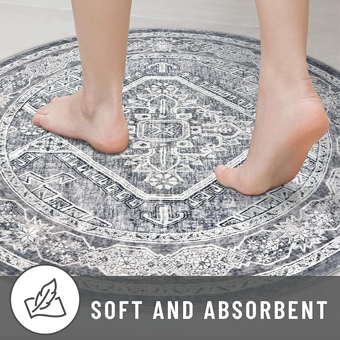 KUTA Oriental Round Rugs 5ft, Grey Washable Circle Rug 5ft, Non-Slip Printed Vintage Medallion Carpet for Living Room, Soft Cozy Dining Kitchen Throw for Entryway