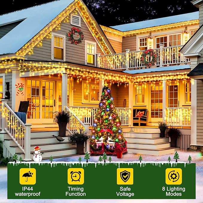 SAUIRS 100FT 960 LED Christmas Lights Outdoor Decorations with 180 Drops Timer 8Mode Curtaing String Lights Waterproof Plug in Fairy Lights for Indoor,Xmas,Party,Patio,Window,Trees Decor(Warm White)