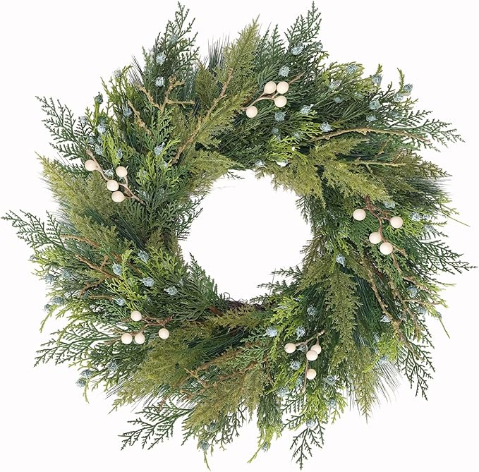 20” Green Faux Pine Christmas Winter Wreath with Cypress Cone, Twig & White Berry – Mixed with Real Look Fake Cedar & Spruce, Xmas Wreaths for Front Door Porch Mantel & Fireplace