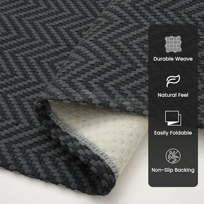 3x5 Ft Braided Area Rug Washable Rugs for Entryway Throw Rugs with Rubber Backing Boho Door Mat Indoor Entrance Cotton Kitchen Mats Woven Front Door Carpet for Foyer Living Room, Black/Grey