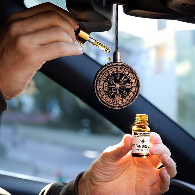 Wood Car Air Freshener — Handmade Car Air Freshener — Vegvisir Designed Fragrance Oil Diffuser in Wooden Gift Box — Aromatherapy Gift Set with Ocean Breeze Fragrance Oil - 10 ml