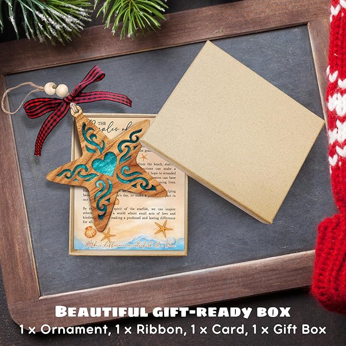 The Ripples of Kindness Starfish Ornaments, Starfish Ornaments - Starfish Christmas Ornament - Motivational Gifts, Positive Inspirational Energy Vibes Gifts for Women - Wood Ornament & Card