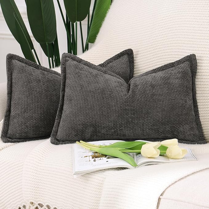 MADIZZ Chenille Velvet Throw Pillow Covers with Flange Set of 2 Super Soft Boho Textured Pillow Covers Decorative Throw Pillowcases Modern Farmhouse Home Decor for Sofa Bedroom Dark Taupe 12x20 Inch