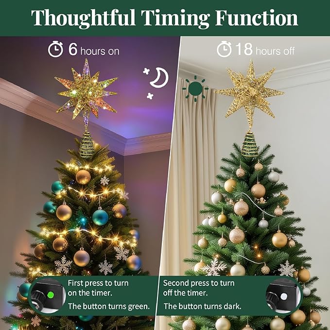 Lewondr Christmas Tree Topper, Plug in 3D Starburst Xmas Lighted Star Tree Topper, Remote Control & Timer Light Up Vintage Moravian Tree Topper for Christmas Decoraiton, Colorful Light, Gold