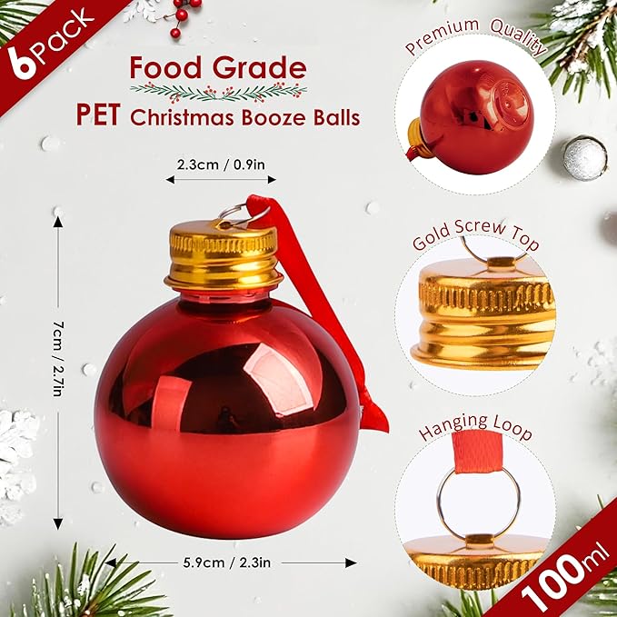 6 Pcs Christmas Ornaments Balls, 3oz Gold-Plated Reusable Fillable Christmas Plastic Ornament Balls for Christmas Tree Hanging Decoration and White Elephant Gifts