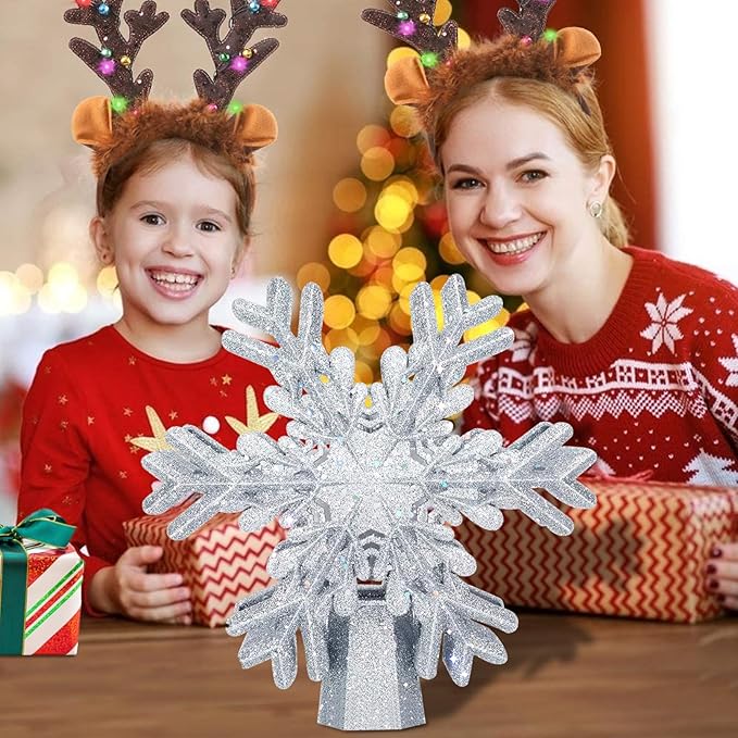 Christmas Tree Topper, 3D Rotating Silver Snowflake Pattern Projector for Xmas Tree Topper, Hollow Design Christmas Decorations, Christmas Decor
