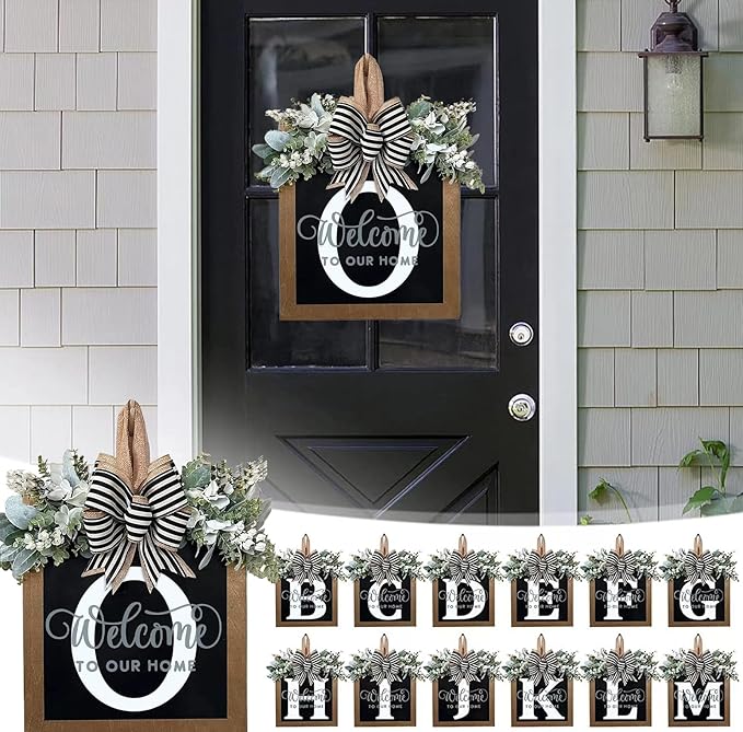 Last Name Year Round Front Door Wreath Front Porch Decoration 26 Letter Welcome Sign with Eucalyptus Garland and Bow Spring Wreaths for Front Door Outside Hanger Garland（O）