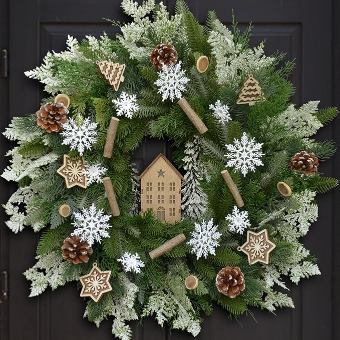 24" Winter Wreath with Wooden House Ornaments, Snowflakes, Deadwood Branches, and Pinecones—Christmas Wreaths, Indoor Outdoor Home Snow Scene Holiday Winter Door Wreath, Natural Forest Theme