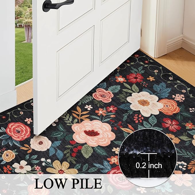 DUKINO Floral Round Rug, 4ft Washable Round Area Rug, Non Slip Indoor Low Pile Circle Rug, Soft Small Boho Design Circle Rug for Bedroom, Entryway, Living Room, Dining Room,Black