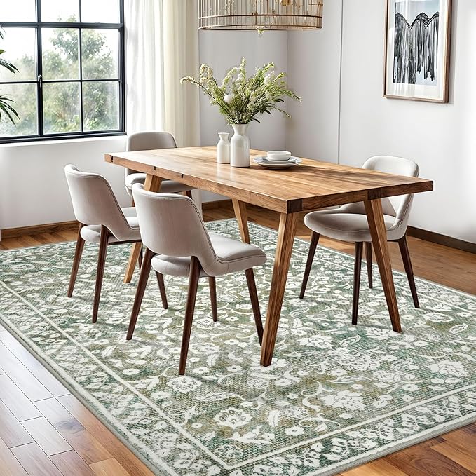 Vintage Area Rug 6x9, Sage Green Beige Non-Slip Soft Area Rug Living Room Thin Printed Faux Wool Floor Super Soft Carpet Throw Rugs for Bedroom Dining Room Playroom Indoor Office
