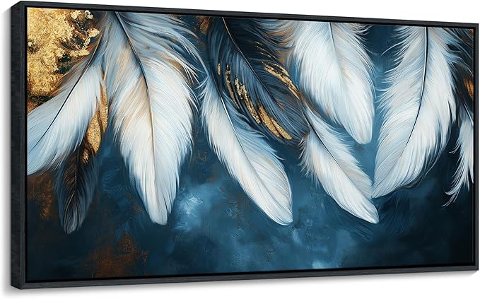 Mofutinpo Blue and Gold Wall Art Framed Navy Blue Decor for Living Room Feather Canvas Art Wall Pictures, Blue Bedroom Wall Decor Above Bed Pictures Wall Decor, Painting - Artwork for Walls 24×48IN