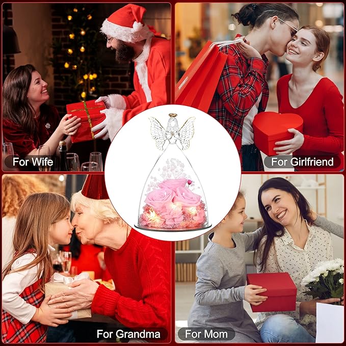 Mothers Day Mom Gifts for Women Preserved Flowers in Glass Angel Forever Flowers for Delivery Prime Eternal Roses Gifts for Grandma, Peach Pink