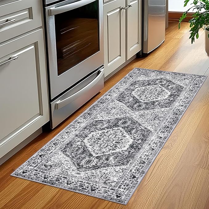 KOZYFLY Runners for Hallways 2x5 Ft Washable Kitchen Runner Rug Boho Runner Rug for Entryway Indoor Printed Faux Wool Floor Carpet Runner for Laundry Room Kitchen Hall, Grey