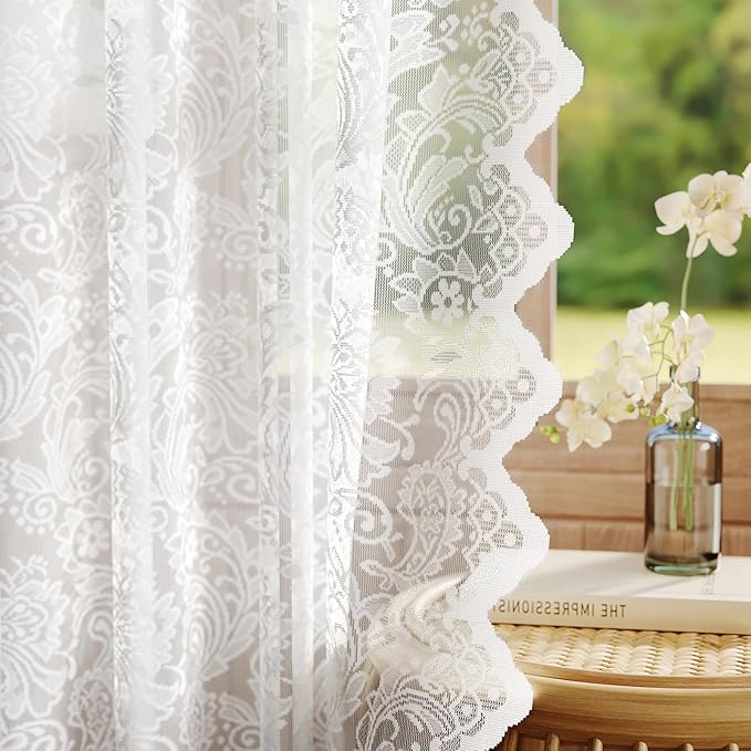 Pure White Lace Sheer Curtains – Vintage Floral Lace for Living Room/Bedroom, Light Filtering Rod Pocket Window Drapes Privacy Chic Window Treatments, 52W x 108L Inch, 2-Panel Set