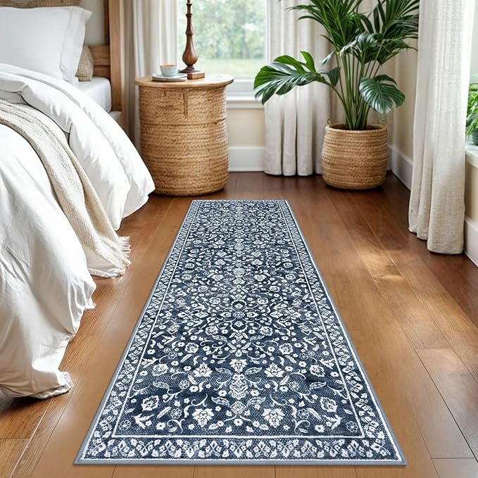 Vintage Washable Runner Rug 2x6, Navy Runners for hallways, Super Soft Kitchen Runner Rug Non Slip, Printed Faux Wool Floral Thin Carpet Runner for Entryway Laundry Room Bedroom
