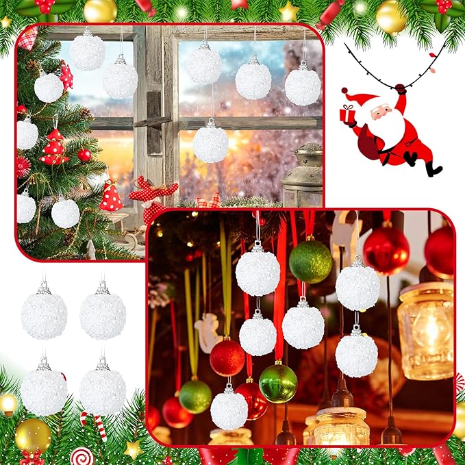 Liliful 48 Pcs 1.18 Inch Mini Christmas Ball Ornaments Christmas Tree Ornament Glitter Sequin Foam Ball Ornaments Xmas Hanging Decoration for New Year Holiday Wedding (White)