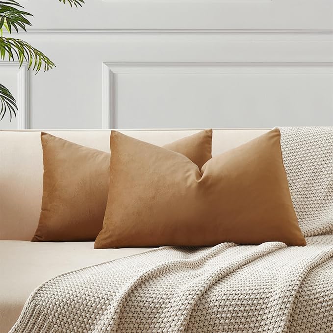 JUSPURBET Light Brown Throw Pillow Covers Set of 2 Decorative Velvet Pillow Covers for Couch Sofa Bed Soft Lumbar Cushion Covers with Invisible Zipper for Living Room Home Decor,14x24 inch