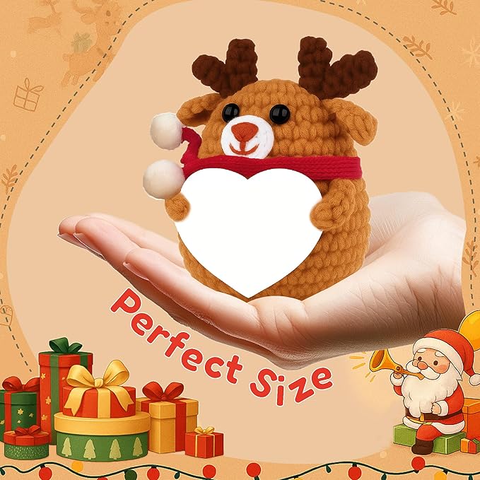 Mini Crochet Reindeer Ornament with Card – Handmade Christmas Tree Hanging Decoration with String, Cute Deer for Coworkers Friends Family Stocking Stuffer