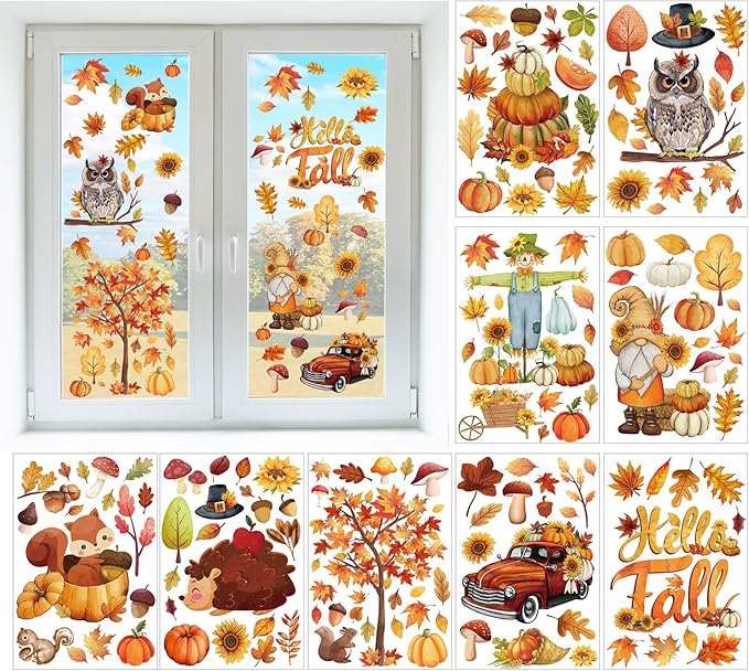 Cinrobiye 150 Pcs Fall Window Clings，Thanksgiving Window Stickers Pumpkin Maple Leaf Window Art Seasons Decals for Autumn School Home Office Accessories Toddler Party Supplies Gifts, 9 Sheets (Fall)
