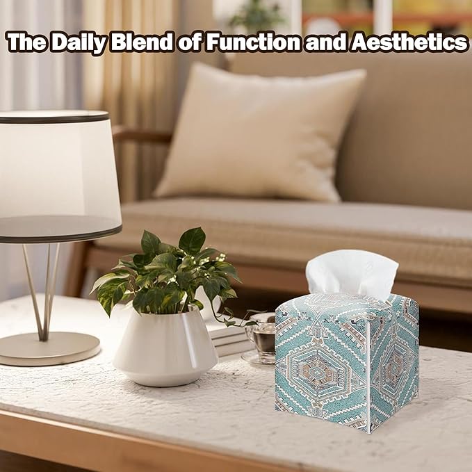 Western PU Leather Tissue Box Cover - Southwest Aztec Vintage Decorative Tissue Holder - Waterproof & Modern Dispenser Box - Facial Paper Organizer Home Decor for Living Room, Bathroom, Office - A03