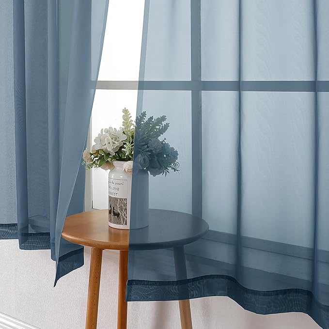 Lecloud Dusty Blue Sheer Curtains 54 Inch Length 2 Panels, Light Filtering Voile Curtain Drapes for Kitchen Bedroom Windows, Dual Rod Pocket Living Room Sheer Curtains, 40 W x 54 L Inches