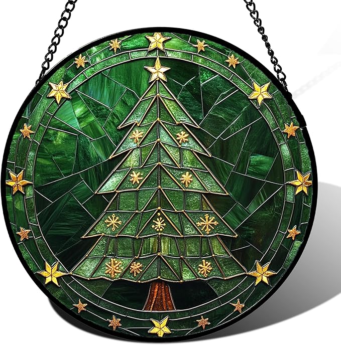 Stained Glass Window Hanging - Green Christmas Tree with Golden Stars Suncatcher for Doors Home Christmas Decoration Sun Catcher Thanksgiving New Year Birthday Gifts for Women Men Mom Nana 11.8 in