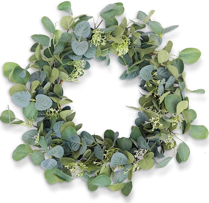 Eucalyptus Wreaths for Front Door 20", Handmade Green Leaves Wreath for Summer, Spring and All Seasons, Greenery Floral Wreath for Wall and Outside