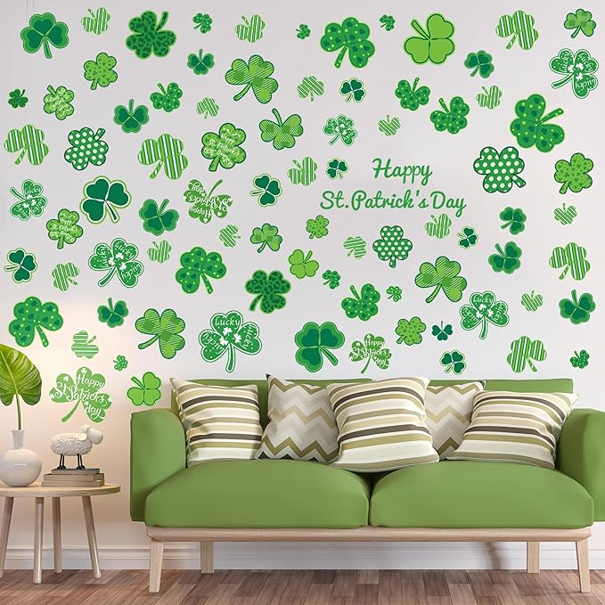 Eersida 6 Sheets St. Patrick's Day Wall Stickers Shamrock Wall Decals for Party Supplies Decorations Large Shamrock Green Quotes Wall Stickers St. Patrick's Happy Decals for Window Clings Glass