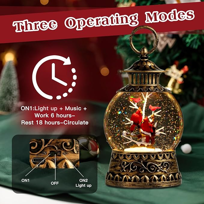 Cardinal Christmas Snow Globe, Cardinal Musical Snow Globe Lantern Lights with 6H Timer Battery & USB Powered, Retro Style Holiday Glitter Globe for Xmas Home Decoration Holiday Party Gifts
