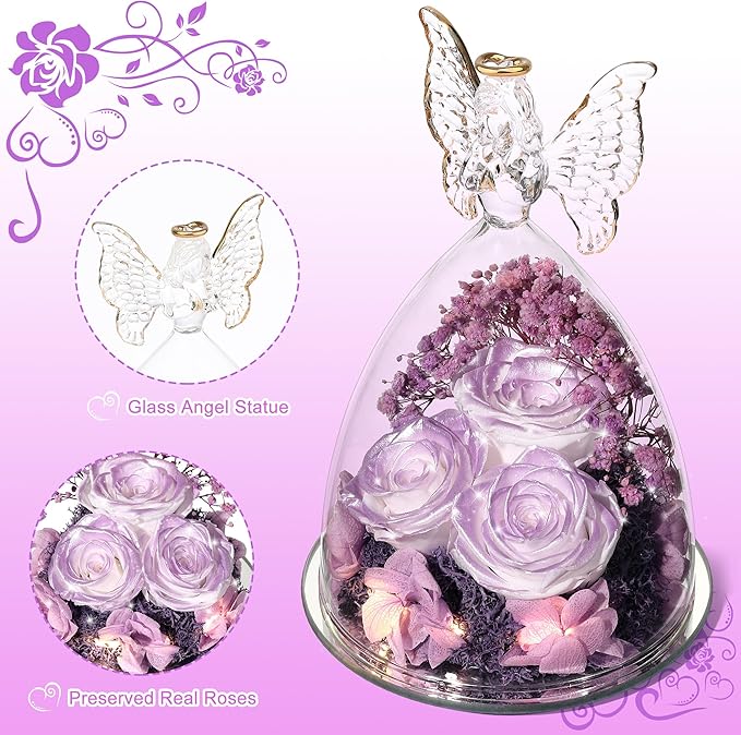 Christmas Rose Gifts for Women Preserved Real Flower in Glass Angel Figurines Roses for Delivery Prime Birthday Gifts for Mom Grandma Girlfriend Wife Her, Pearlescent Purple