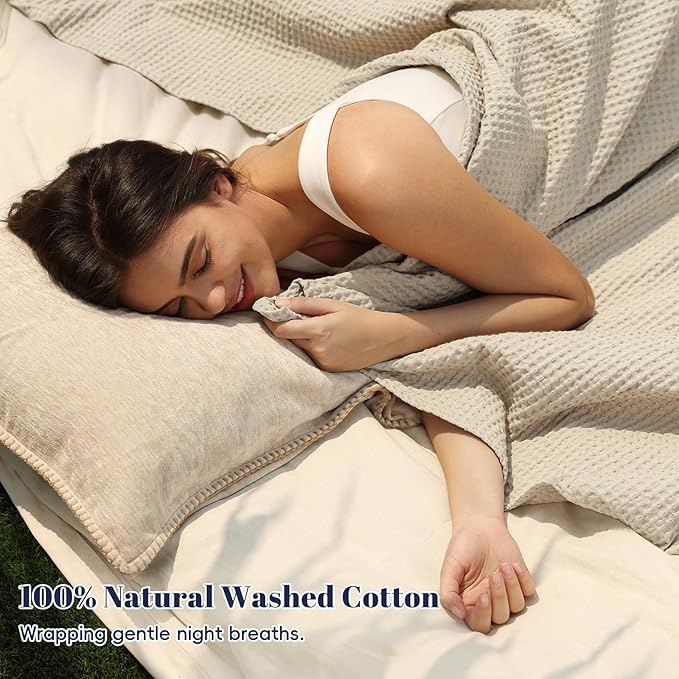 PHF 100% Cotton Waffle Weave Blanket Queen Size for Bed, Snag Proof Lightweight Breathable Moisture-wicking Throw for Couch, Great for Layering in Cold, Machine Washable, Home Decor Gift - Linen/Stone